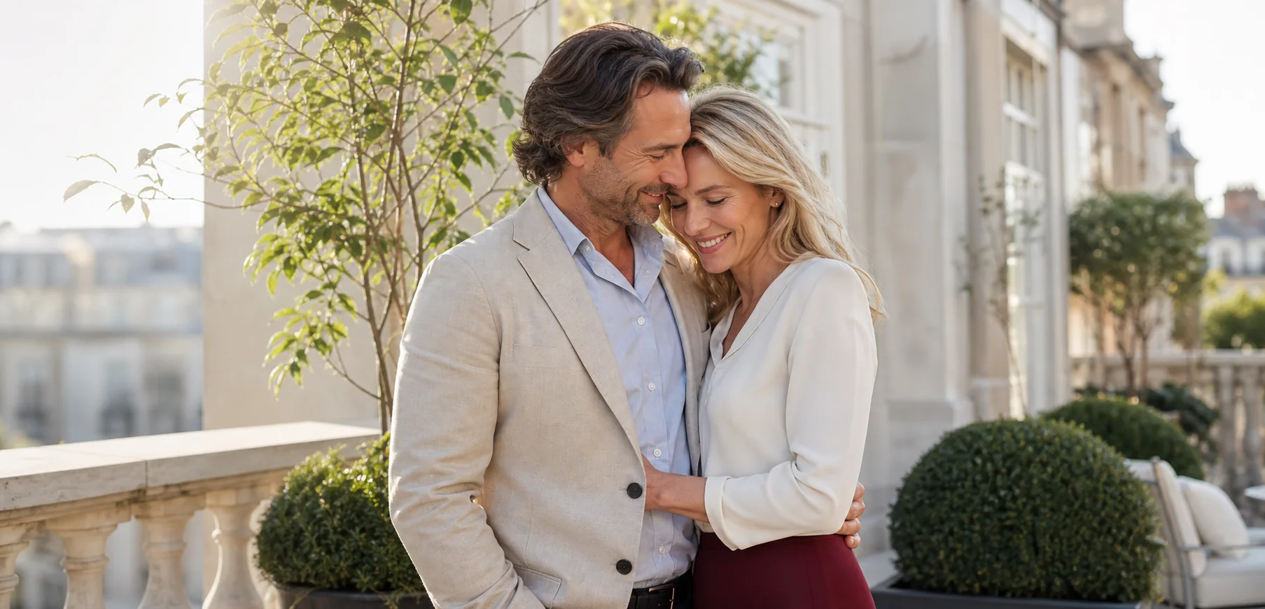 A mature couple sharing a warm embrace on a bright London terrace