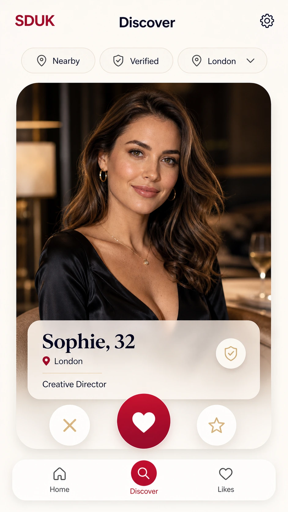 SugarDaddyUK app Discover page with white theme and red accent, swipeable profile cards and heart like button