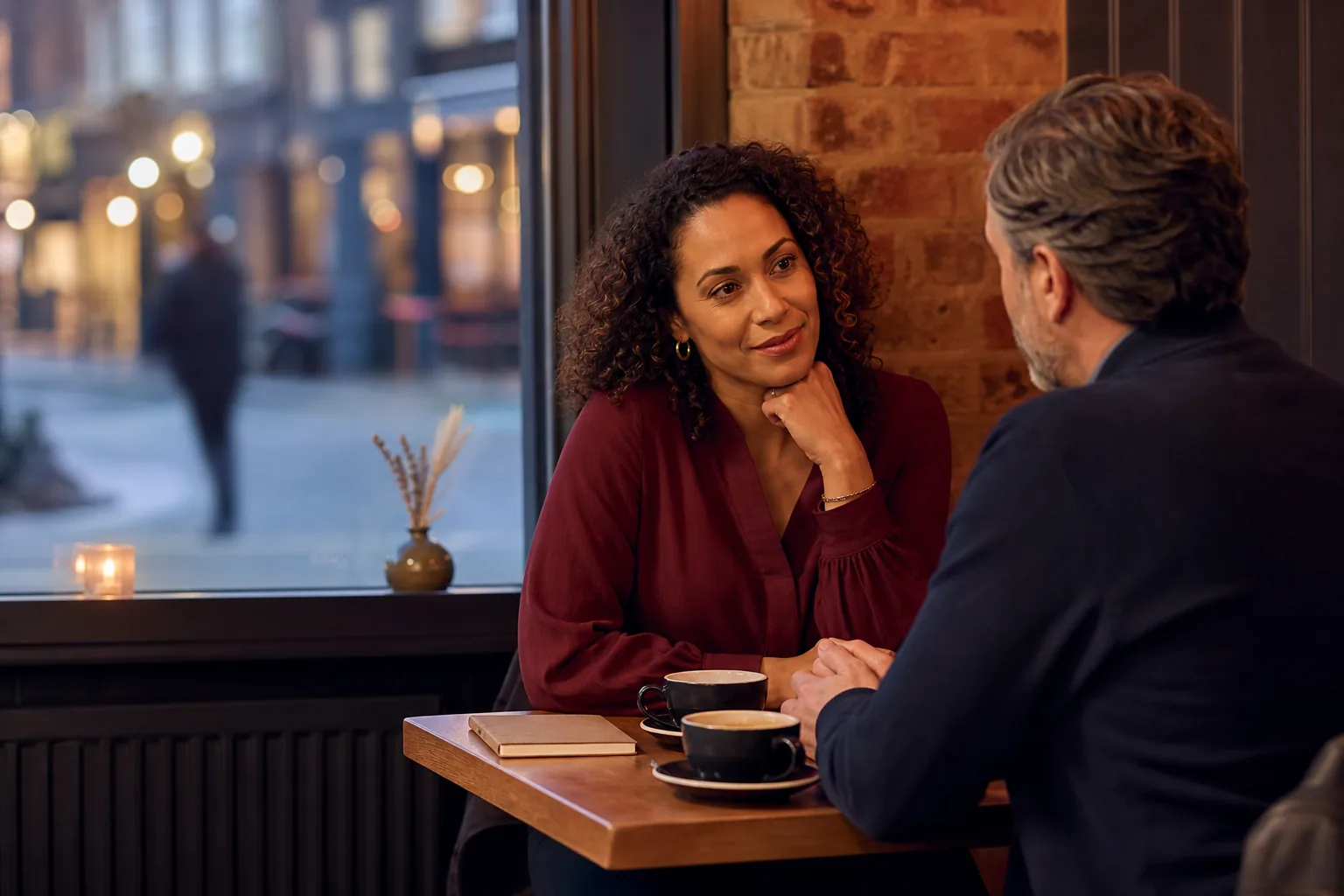 Two adults having a relaxed first-meeting conversation over coffee in a UK café